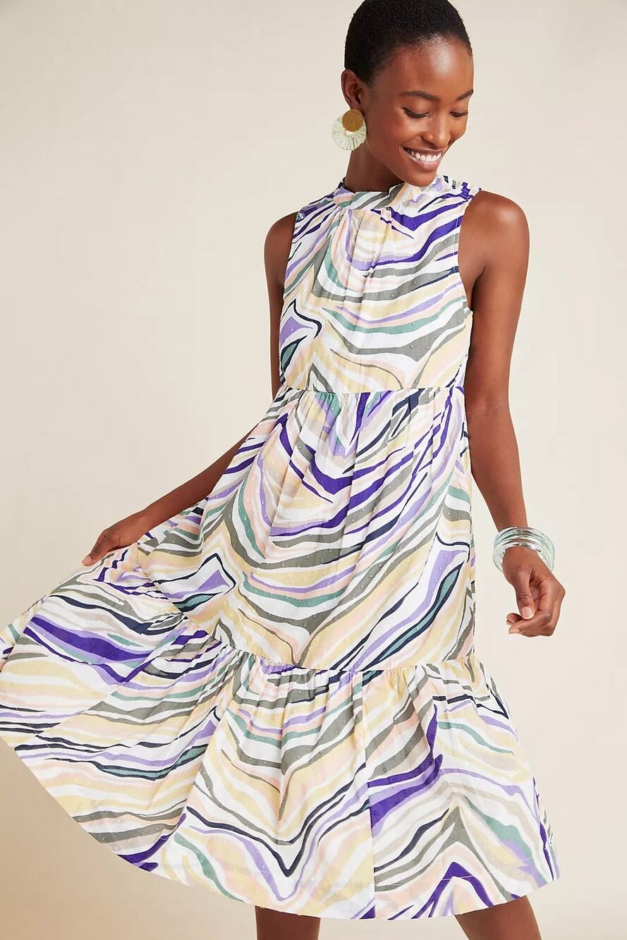 Anthropologie Size 2 Faustina Multicolored Abstract Stripes Tiered Midi Dress